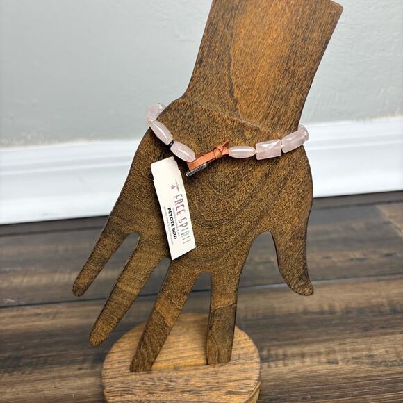 NWT Soft Pink Rose Quartz Beaded Chunky Boho Bracelet, Silver Bead Leather Loop - Picture 2 of 8